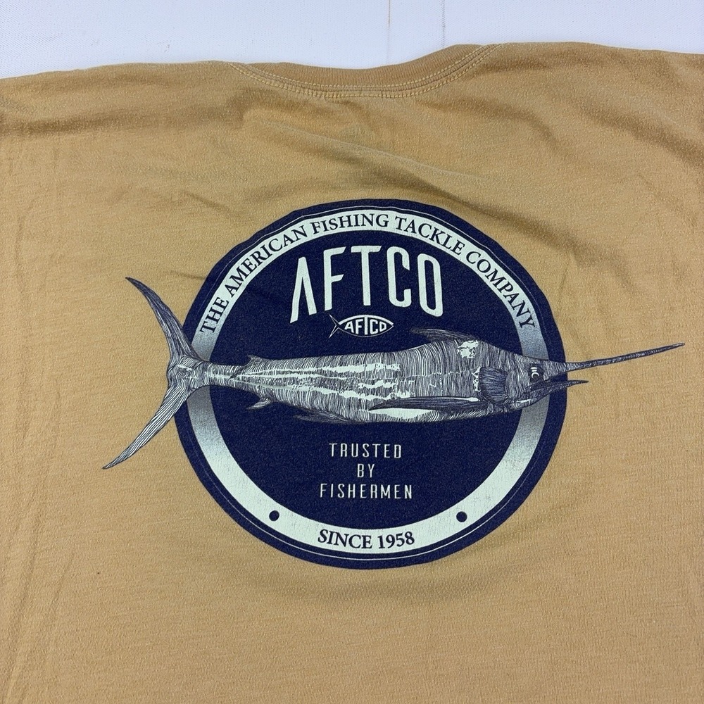 AFTCO American Fishing Tackle Shirt Mens 2XL Brown Fish Graphic Tee Since 1958
